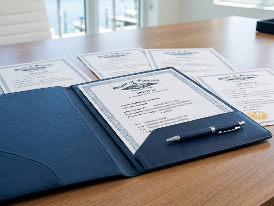 Apostille service desk preparing documents for filing in Palm Beach County